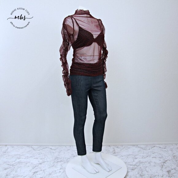 Maeve by Anthropologie Sheer Polka Dots Ruched Sleeve Top Burgundy Pink M - Picture 2 of 12